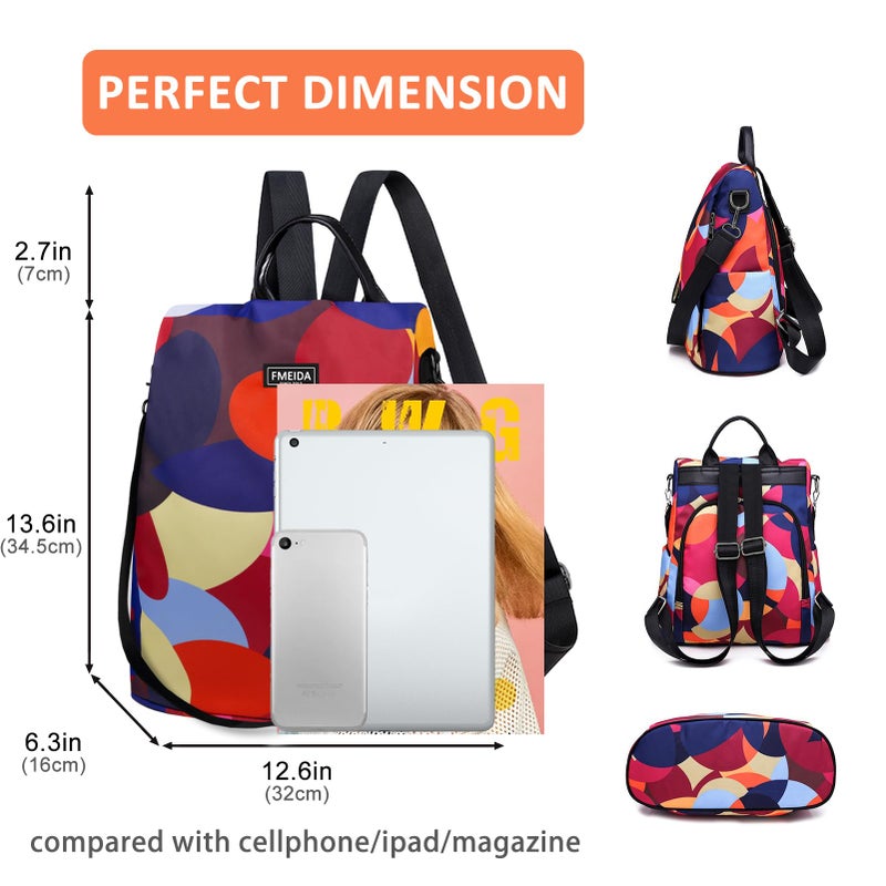 Fmeida Backpack for Women Anti Theft Back Pack Purse Waterproof Nylon Backpack for College Bookbag Fashion Travel Shoulder Bag Colorful Polka Dots - Image 3